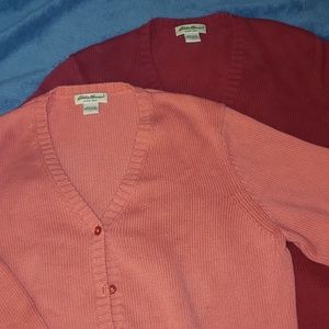2 Eddie Bauer Knit V-Neck Cardigan Set Red & Cora